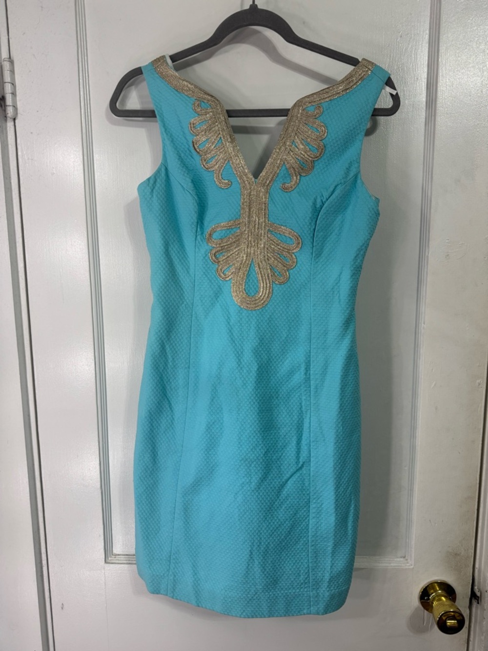Lilly Pulitzer Bentley Shift Dress in Turquoise Blue with Gold Soutache Neckline